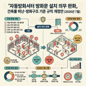 ai thumbnail infographic 자동방화셔터 방화문 설치 의무 완화 건축물 피난·방화구조 기준 규칙 개정안 2026년 7월 1788920054