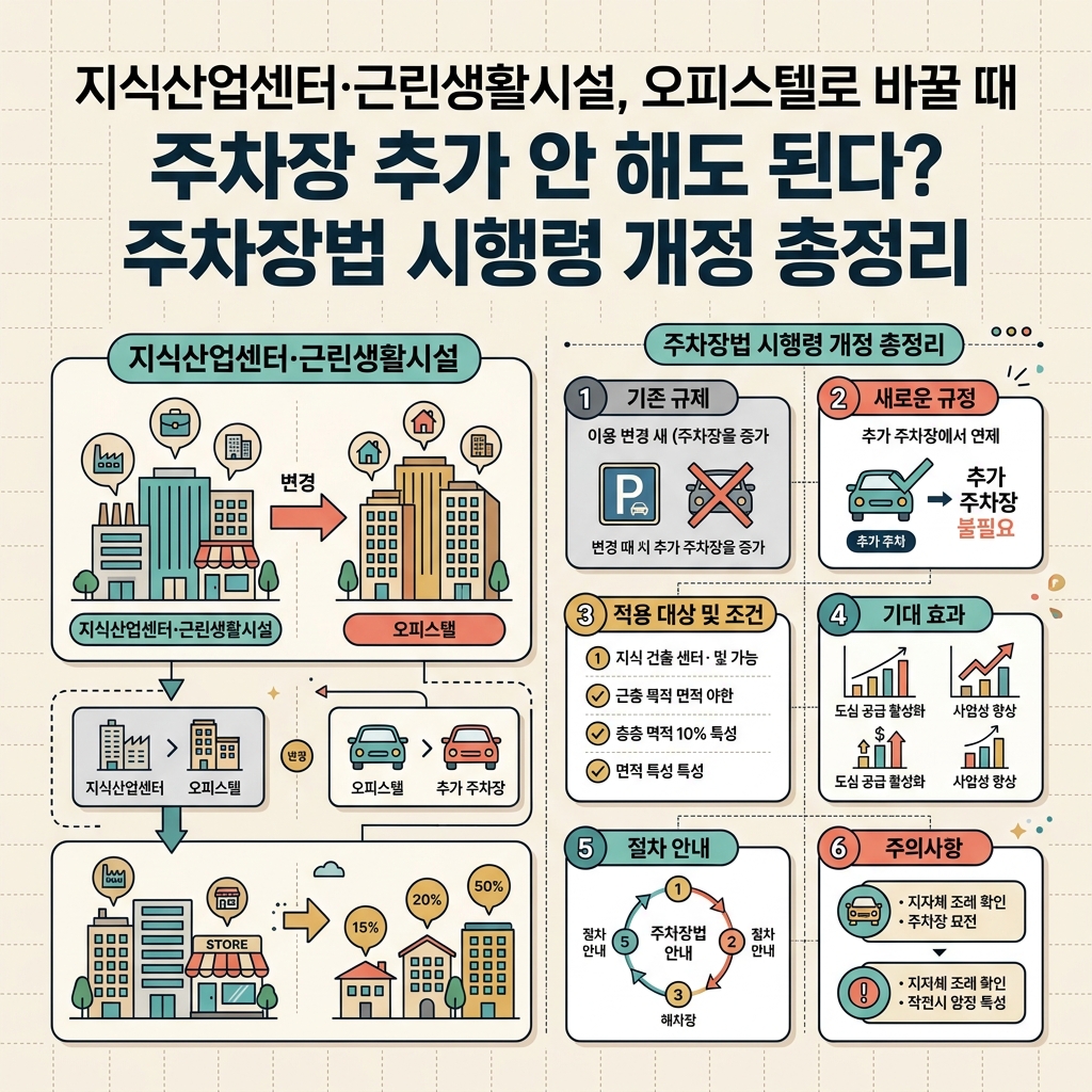 ai thumbnail infographic 지식산업센터·근린생활시설 오피스텔로 바꿀 때 주차장 추가 안 해도 된다 주차장법 시행령 개정 총정리 1789195347