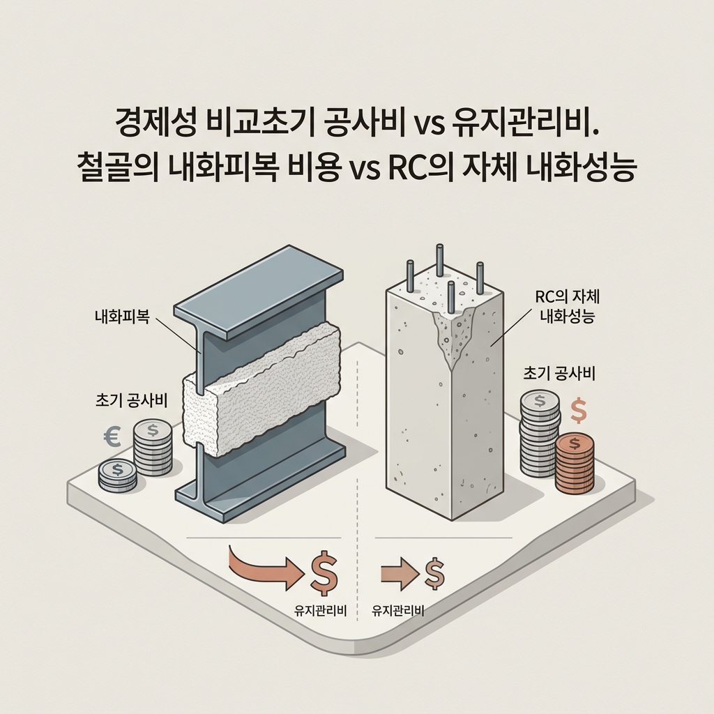 ai thumbnail minimal 경제성 비교초기 공사비 vs 유지관리비. 철골의 내화피복 비용 vs RC의 자체 내화성능 1789432062