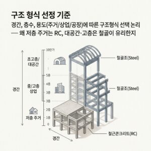 ai thumbnail minimal 구조 형식 선정 기준 경간 층수 용도주거상업공장에 따른 구조형식 선택 논리 — 왜 저층 주거는 RC 대공간·고층은 철골이 유리한지 1789431495