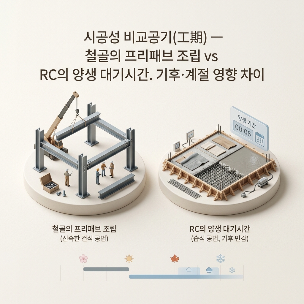 ai thumbnail minimal 시공성 비교공기工期 — 철골의 프리패브 조립 vs RC의 양생 대기시간. 기후·계절 영향 차이 1789431875
