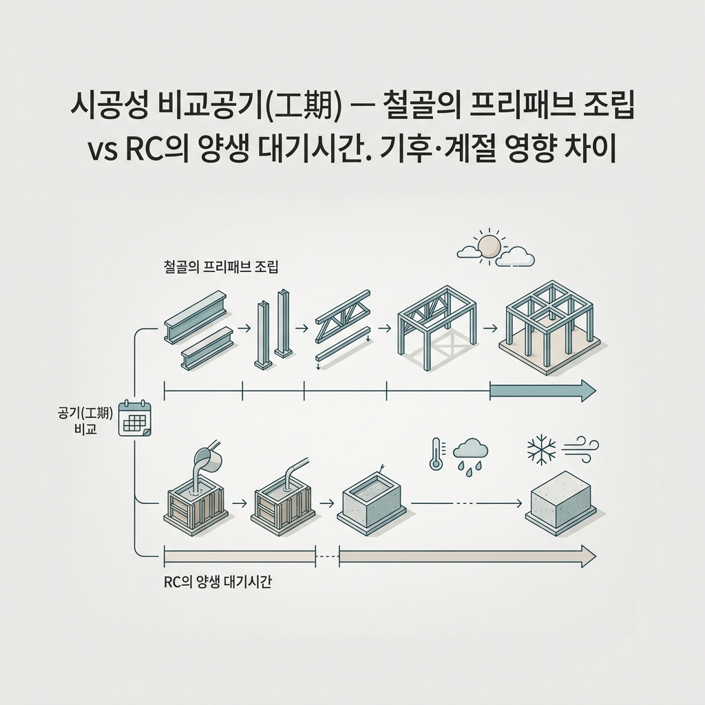 ai thumbnail minimal 시공성 비교공기工期 — 철골의 프리패브 조립 vs RC의 양생 대기시간. 기후·계절 영향 차이 1789436257