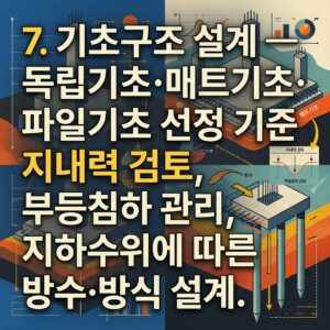 ai thumbnail poster 7. 기초구조 설계 — 독립기초·매트기초·파일기초 선정 기준 지내력 검토 부등침하 관리 지하수위에 따른 방수·방식 설계 1789430581