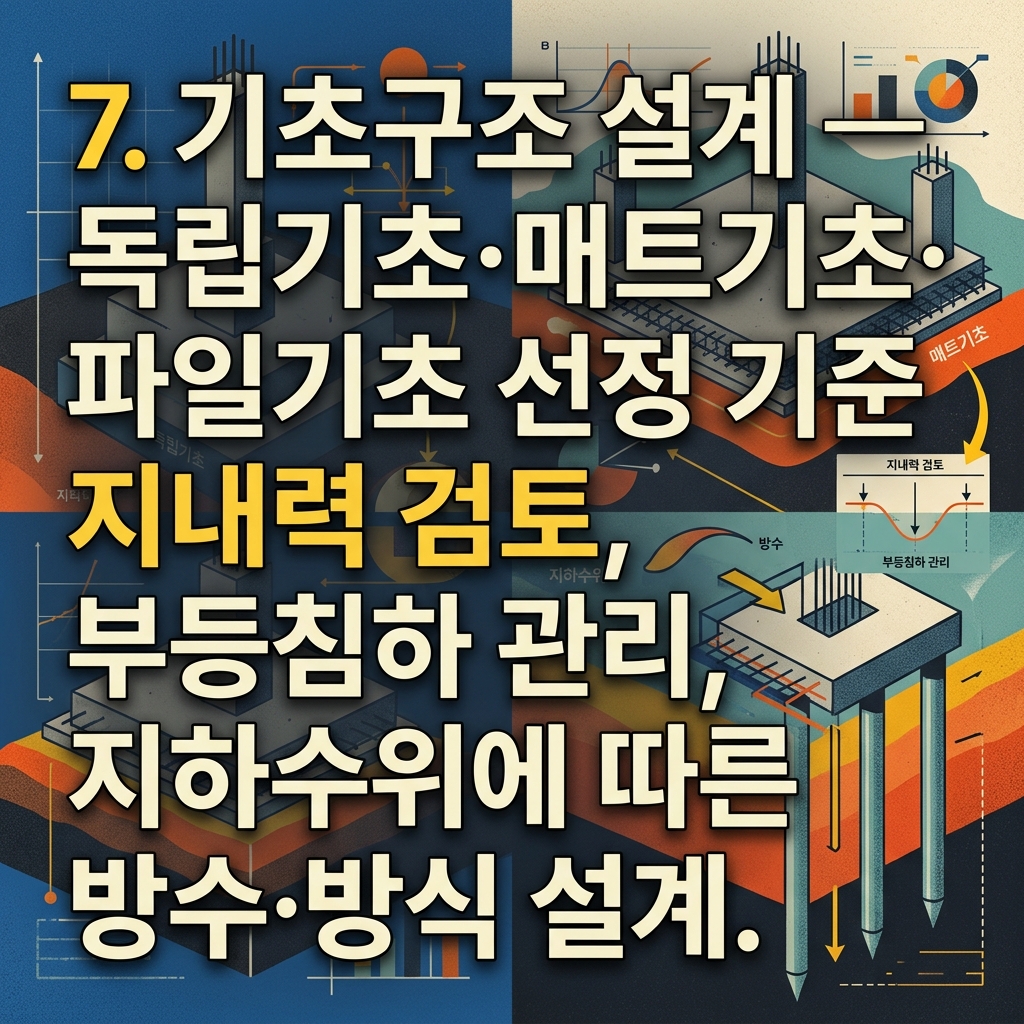 ai thumbnail poster 7. 기초구조 설계 — 독립기초·매트기초·파일기초 선정 기준 지내력 검토 부등침하 관리 지하수위에 따른 방수·방식 설계 1789430581