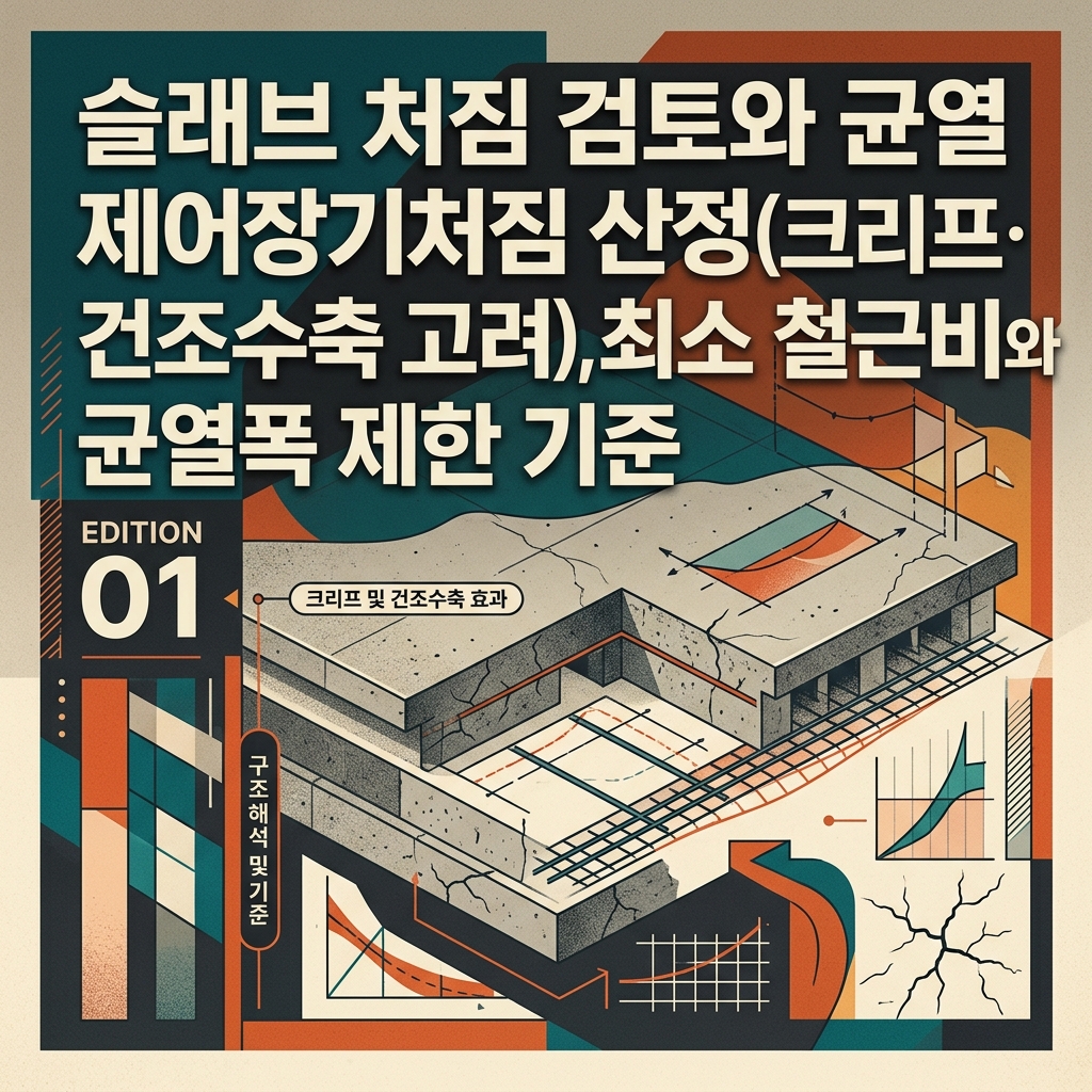 ai thumbnail poster 슬래브 처짐 검토와 균열 제어장기처짐 산정크리프·건조수축 고려 최소 철근비와 균열폭 제한 기준 1789430091