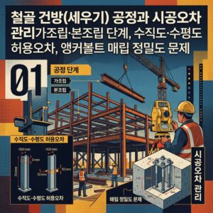 ai thumbnail poster 철골 건방세우기 공정과 시공오차 관리가조립·본조립 단계 수직도·수평도 허용오차 앵커볼트 매립 정밀도 문제 1789428189