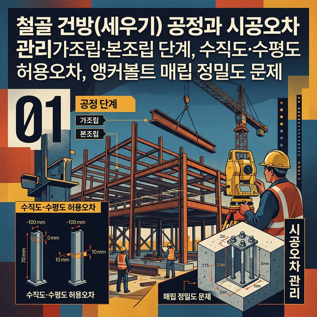 ai thumbnail poster 철골 건방세우기 공정과 시공오차 관리가조립·본조립 단계 수직도·수평도 허용오차 앵커볼트 매립 정밀도 문제 1789428189