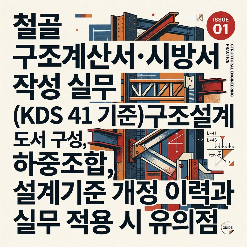 ai thumbnail poster 철골 구조계산서·시방서 작성 실무 KDS 41 기준구조설계 도서 구성 하중조합 설계기준 개정 이력과 실무 적용 시 유의점 1789428679