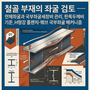 ai thumbnail poster 철골 부재의 좌굴 검토 — 전체좌굴과 국부좌굴세장비 관리 판폭두께비 기준 H형강 플랜지·웨브 국부좌굴 메커니즘 1789427579