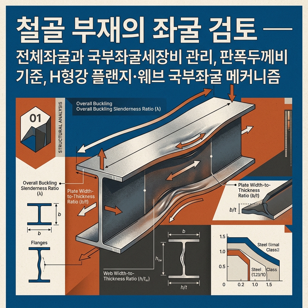 ai thumbnail poster 철골 부재의 좌굴 검토 — 전체좌굴과 국부좌굴세장비 관리 판폭두께비 기준 H형강 플랜지·웨브 국부좌굴 메커니즘 1789427579