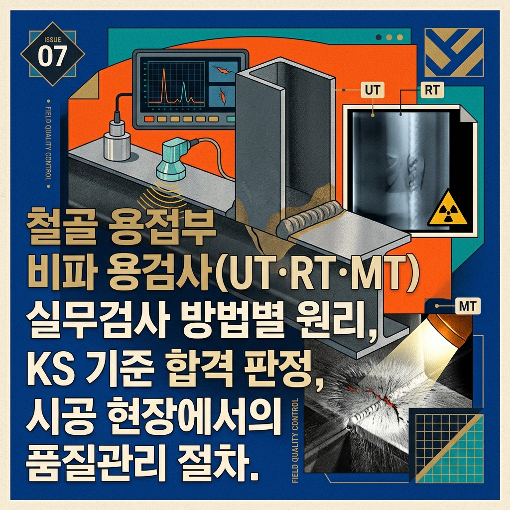 ai thumbnail poster 철골 용접부 비파괴검사UT·RT·MT 실무검사 방법별 원리 KS 기준 합격 판정 시공 현장에서의 품질관리 절차 1789428013