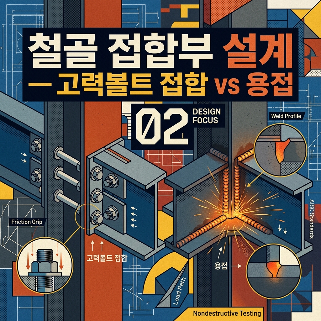ai thumbnail poster 철골 접합부 설계 — 고력볼트 접합 vs 용접 1789426847