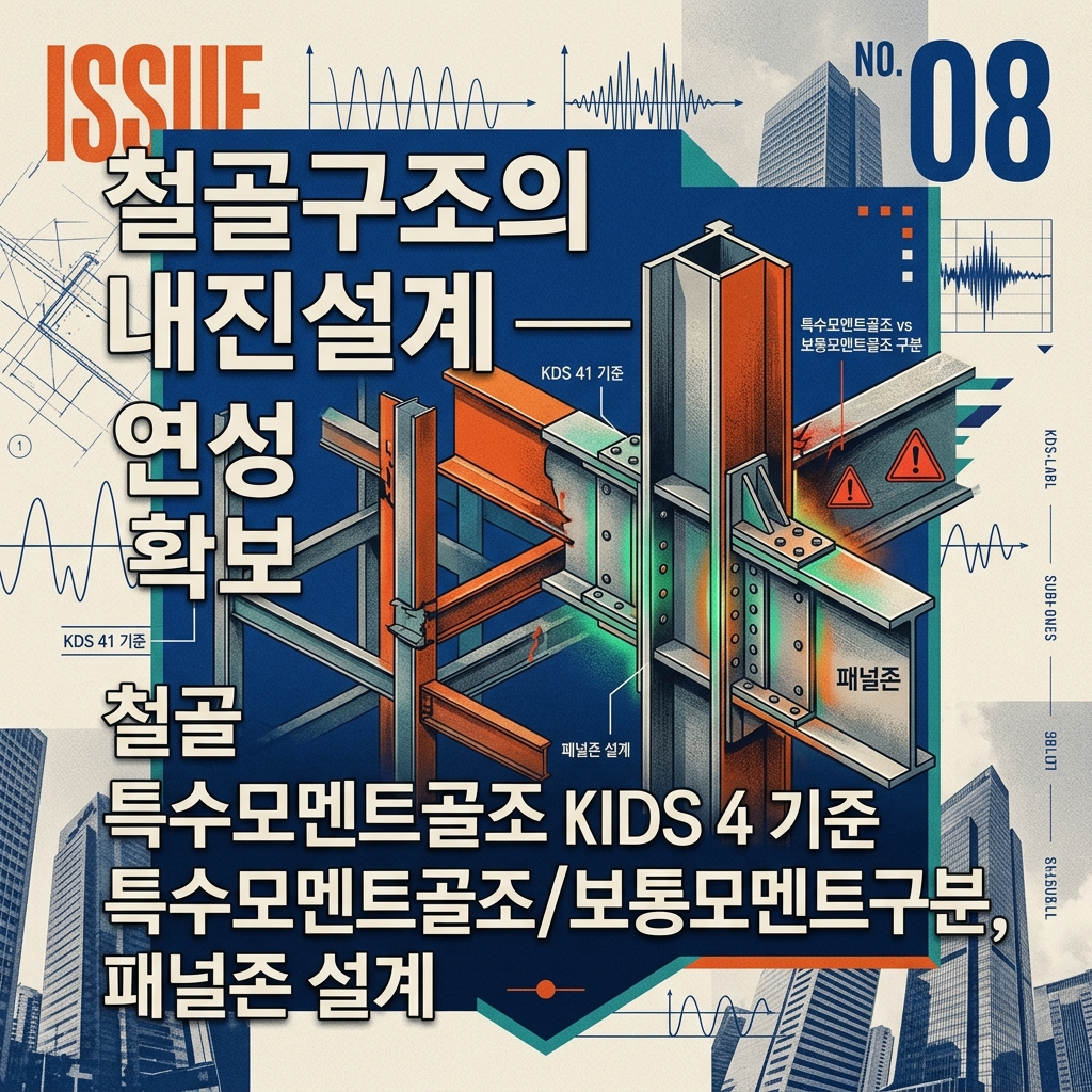 ai thumbnail poster 철골구조의 내진설계 — 연성 확보와 모멘트접합부KDS 41 기준 철골 내진설계 개념 특수모멘트골조보통모멘트골조 구분 패널존 설계 1789427312