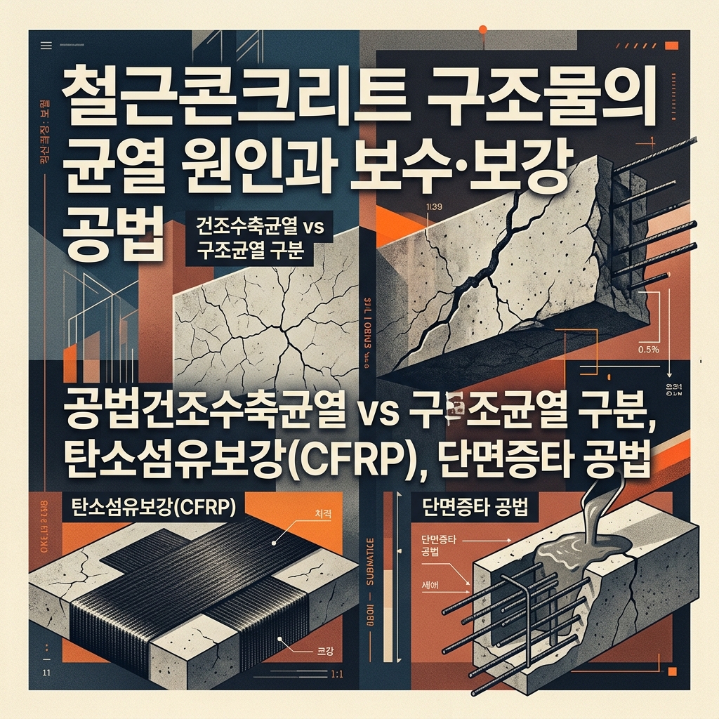 ai thumbnail poster 철근콘크리트 구조물의 균열 원인과 보수·보강 공법건조수축균열 vs 구조균열 구분 탄소섬유보강CFRP 단면증타 공법 1789430703
