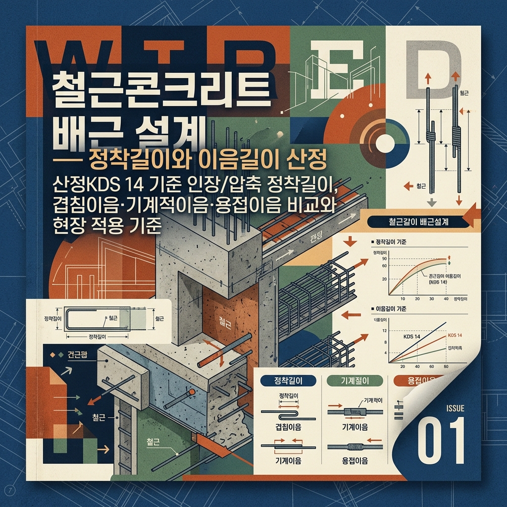 ai thumbnail poster 철근콘크리트 배근 설계 — 정착길이와 이음길이 산정KDS 14 기준 인장압축 정착길이 겹침이음·기계적이음·용접이음 비교와 현장 적용 기준 1789429836
