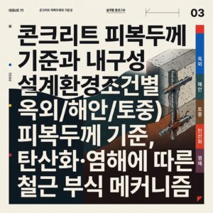 ai thumbnail poster 콘크리트 피복두께 기준과 내구성 설계환경조건별옥외해안토중 피복두께 기준 탄산화·염해에 따른 철근 부식 메커니즘 1789429972