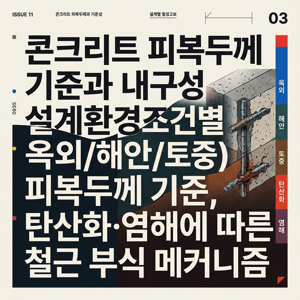 ai thumbnail poster 콘크리트 피복두께 기준과 내구성 설계환경조건별옥외해안토중 피복두께 기준 탄산화·염해에 따른 철근 부식 메커니즘 1789429972