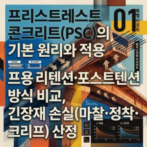ai thumbnail poster 프리스트레스트 콘크리트PSC의 기본 원리와 적용프리텐션·포스트텐션 방식 비교 긴장재 손실마찰·정착·크리프 산정 1789430811